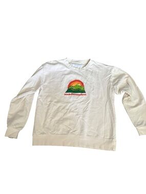 Seek Discomfort Men's White Graphic Crewneck Sweatshirt with Mountain Design